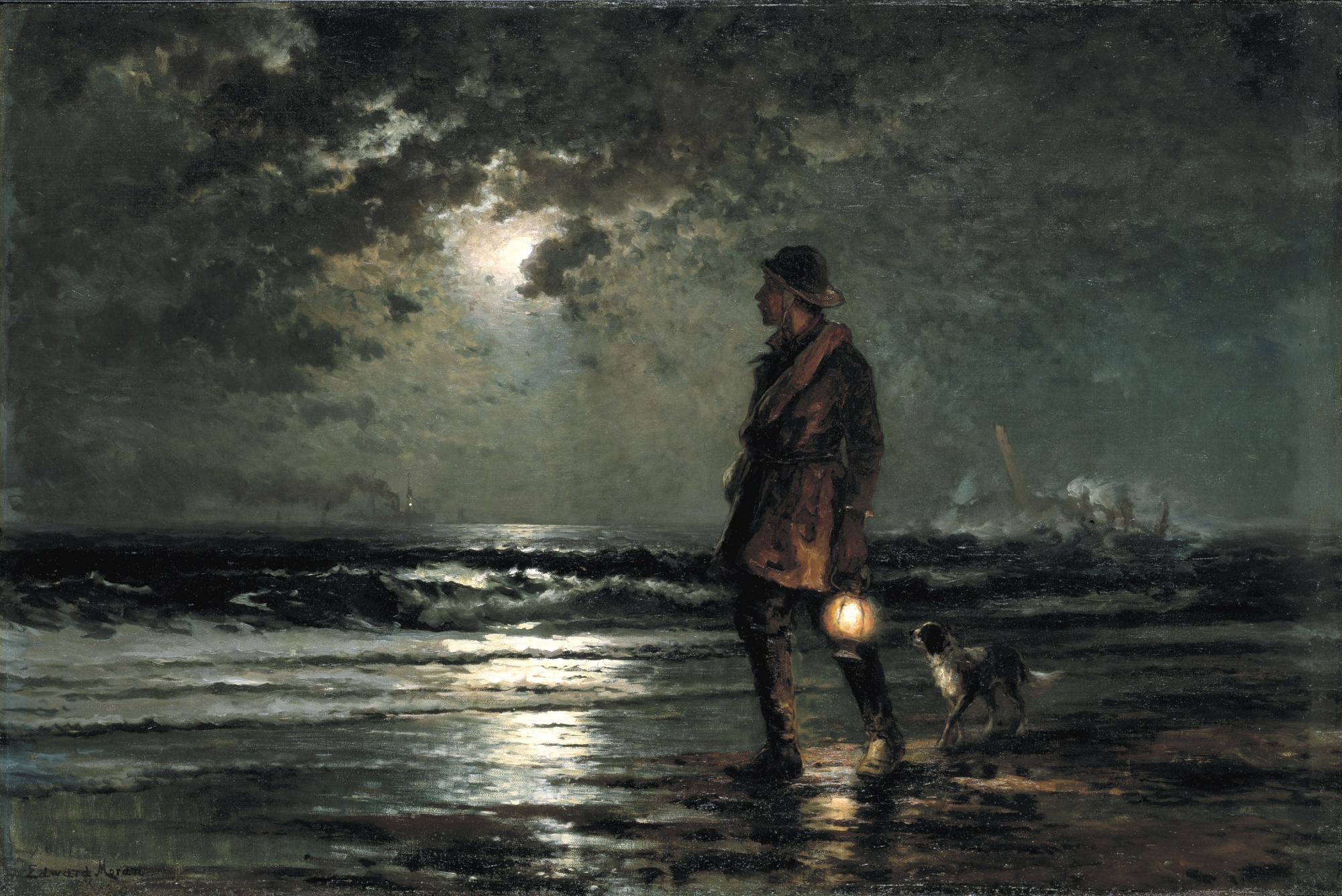 Man in brown jacket walking on water